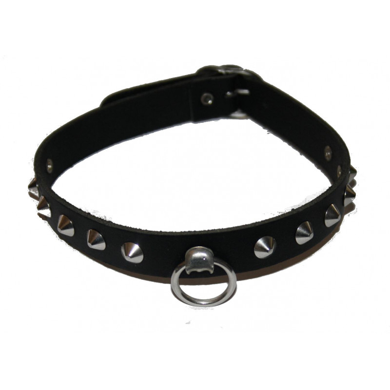 Lederhalsband mit Spitznieten 1 reihig mit Ring